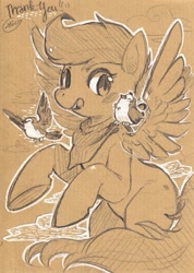 Size: 413x580 | Tagged: safe, artist:mi-eau, derpibooru import, scootaloo, bird, monochrome, solo, traditional art