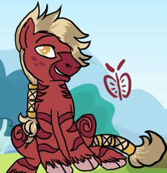 Size: 504x520 | Tagged: safe, artist:enigmaticfrustration, derpibooru import, oc, oc only, hybrid, zony, foal, interspecies offspring, offspring, parent:big macintosh, parent:zecora, parents:macora, solo, tail wrap