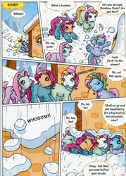 Size: 610x853 | Tagged: safe, derpibooru import, minty, rainbow dash (g3), sparkleworks, sunny daze (g3), g3, official comic, snow, snowball fun