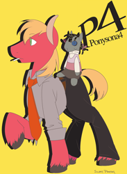 Size: 800x1091 | Tagged: safe, artist:silent ponytagonist, big macintosh, smarty pants, earth pony, pony, dojima nanako, dojima ryotaro, male, persona, persona 4, pixiv, stallion