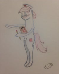 Size: 2448x3070 | Tagged: safe, artist:coffee mixer, nurse redheart, clipboard, colored, eyes closed, hat, nurse hat, pencil, smiling, solo, standing, traditional art