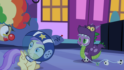 Size: 1280x720 | Tagged: safe, derpibooru import, screencap, alula, mayor mare, pluto, spike, dragon, luna eclipsed, clown, costume, disapproval, faic, out of context, scared, scrunchy face