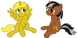 Size: 1024x507 | Tagged: safe, artist:clamstacker, derpibooru import, oc, oc only, oc:star sparkler, oc:ticket, alicorn, pony, alicorn oc, blushing, female, male, simple background, straight, ticketsparkler, transparent background