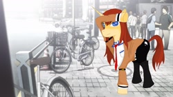 Size: 1920x1080 | Tagged: safe, artist:irkenevangelion, derpibooru import, human, pony, unicorn, bicycle, car, city, clothes, crossover, female, makise kurisu, mare, necktie, ponified, steins;gate