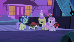 Size: 1280x720 | Tagged: safe, derpibooru import, screencap, alula, noi, pipsqueak, piña colada, pluto, princess erroria, earth pony, pony, luna eclipsed, applecore, clothes, colt, costume, male, nightmare night, nightmare night costume