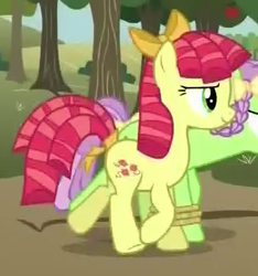 Size: 396x423 | Tagged: safe, screencap, auntie applesauce, candy twirl, earth pony, pony, apple family reunion, apple family member, background pony, bow, cropped, duo, female, hair bow, mare, seven-legged race