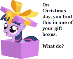 Size: 310x250 | Tagged: safe, derpibooru import, bronybait, christmas, cute, filly, present, text