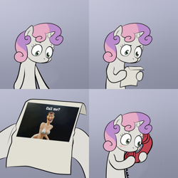 Size: 2000x2000 | Tagged: safe, derpibooru import, sweetie belle, pony, unicorn, bipedal, call me for a good time, female, filly, gradient background, hentai woody, hoof hold, horn, letter, meme, paper, sexy, solo, stupid sexy woody, sweetie's note meme, two toned hair, white coat, woody, woody face