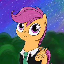 Size: 800x800 | Tagged: safe, artist:chiweee, derpibooru import, scootaloo, clothes, solo, suit, suitaloo