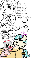 Size: 542x1024 | Tagged: safe, artist:jargon scott, coco pommel, earth pony, pony, bipedal, blushing, c:, clothes, cute, determined, dialogue, dress, fail, imagining, open mouth, pretty, sewing machine, simple background, sitting, smiling, smirk, solo, thought bubble, white background