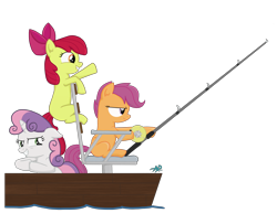 Size: 4800x3715 | Tagged: safe, artist:sgtgarand, derpibooru import, apple bloom, scootaloo, sweetie belle, boat, cutie mark crusaders, fishing, fishing rod