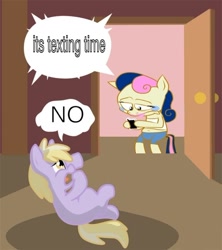 Size: 600x675 | Tagged: safe, bon bon, dinky hooves, sweetie drops, .mov, cellphone, goofy time, speech bubble