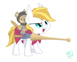 Size: 2000x1600 | Tagged: safe, artist:equestria-prevails, derpibooru import, oc, oc only, oc:florence, bat pony, pony, cape, clothes, cute, filly, joust, lance, simple background, solo, sword, teddy bear, transparent background