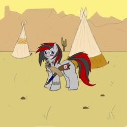 Size: 1000x1000 | Tagged: safe, artist:facade, derpibooru import, oc, oc only, oc:facade, earth pony, pony, desert, native american, solo, tent, tipi, village, war club