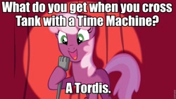 Size: 960x540 | Tagged: safe, cheerilee, tank, earth pony, pony, cheerilee pun, curtain, doctor who, exploitable meme, female, green eyes, mare, meme, microphone, open mouth, pun, smiling, solo, spotlight, tardis, text, two toned mane, two toned tail