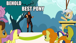 Size: 960x540 | Tagged: safe, derpibooru import, edit, edited screencap, screencap, caramel, carrot top, golden harvest, lemon hearts, mayor mare, parasol, the last roundup, behold, best pony, forced meme, kane, meme, wwe