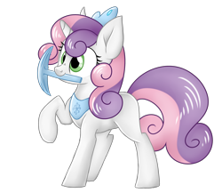 Size: 2300x2000 | Tagged: safe, artist:shyshyoctavia, derpibooru import, sweetie belle, pony, unicorn, jewelry, minecraft, mouth hold, nose wrinkle, pickaxe, raised hoof, regalia, simple background, smiling, solo, tiara, transparent background