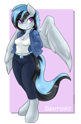 Size: 1249x1920 | Tagged: safe, artist:ambris, oc, oc only, oc:sentoki, anthro, pegasus, unguligrade anthro, belly button, cleavage, colored pupils, female, midriff, solo
