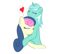 Size: 3500x3000 | Tagged: safe, artist:lordzid, derpibooru import, bon bon, lyra heartstrings, sweetie drops, earth pony, pony, unicorn, blushing, eyes closed, female, happy, heart, hug, lesbian, lyrabon, shipping, simple background, smiling, speech bubble, transparent background, vector