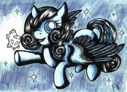 Size: 1016x738 | Tagged: safe, artist:iscawhitewolf, derpibooru import, oc, oc only, oc:snowdrop, flying, solo, traditional art