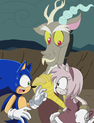 Size: 1078x1411 | Tagged: safe, artist:familyof6, derpibooru import, discord, amy rose, crossover, discorded, sonic the hedgehog, sonic the hedgehog (series), sonic x