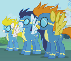 Size: 831x720 | Tagged: safe, derpibooru import, screencap, blaze, soarin', surprise, pegasus, pony, the ticket master, clothes, goggles, trio, uniform, wonderbolts, wonderbolts uniform