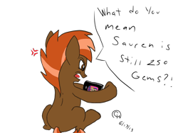 Size: 1600x1200 | Tagged: safe, artist:mariokid97, derpibooru import, button mash, soarin', earth pony, pony, angry, back, button, colt, crack is cheaper, game, gameloft, hooves, ipod, male, misspelling, open mouth, simple background, sitting, solo, speech bubble, transparent background, video game