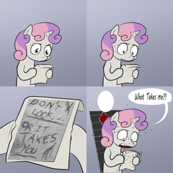 Size: 2000x2000 | Tagged: safe, sweetie belle, pony, unicorn, bipedal, comic, dialogue, exploitable meme, female, filly, gradient background, hoof hold, horn, letter, meme, paper, slenderman, solo, speech bubble, sweetie's note meme, two toned hair, two toned mane, white coat