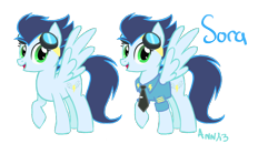 Size: 1078x600 | Tagged: safe, artist:theraspberryfox, derpibooru import, glide, soarin', goggles, rule 63, solo