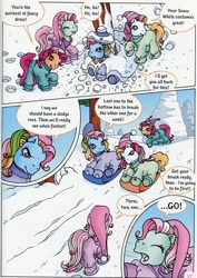 Size: 607x859 | Tagged: safe, minty, rainbow dash (g3), sparkleworks, sunny daze (g3), g3, clothes, coat, official comic, sledge, snow, snowball fun