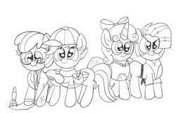 Size: 1254x801 | Tagged: safe, artist:daniel-sg, derpibooru import, apple bloom, babs seed, scootaloo, sweetie belle, cosplay, cutie mark crusaders, earthbound, lineart, monochrome