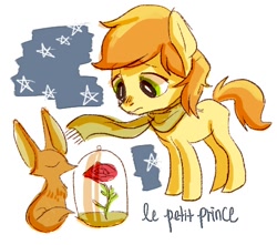 Size: 476x420 | Tagged: safe, artist:nyonhyon, derpibooru import, braeburn, fox, clothes, colt, cute, flower, french, frown, glass, rose, scarf, stars, the little prince