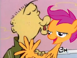 Size: 400x300 | Tagged: safe, derpibooru import, edit, scootaloo, chicken, human, pegasus, pony, chickun, derp, ed edd n eddy, exploitable meme, female, filly, forced meme, head swap, interspecies, kissing, kissy face, lidded eyes, meme, not salmon, open mouth, scootachicken, scootalove, smiling, smirk, wat