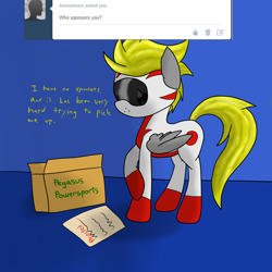 Size: 2600x2600 | Tagged: safe, artist:flashiest lightning, derpibooru import, oc, oc only, pegasus, pony, ask, clothes, racer, rejected, solo, sponsors, suit, tumblr