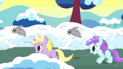 Size: 853x480 | Tagged: safe, derpibooru import, screencap, dinky hooves, liza doolots, petunia, tootsie flute, rabbit, winter wrap up, animated, cute, dinkabetes, filly, jumping, pronking, snow, tootsie cute
