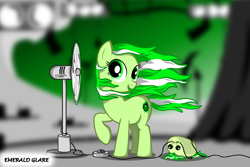 Size: 2576x1717 | Tagged: safe, artist:pinkius, derpibooru import, oc, oc only, oc:emerald glare, chubbie, fan, solo, windswept mane