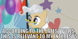 Size: 1000x500 | Tagged: safe, derpibooru import, mayor mare, balloon, caption, glasses, image macro, reaction image, relevant to my interests, solo