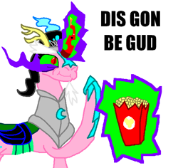 Size: 595x562 | Tagged: safe, derpibooru import, oc, oc only, dark magic, dis gon be gud, magic, meme, ms paint, popcorn, reaction image, solo, sombra eyes, tiara ultima, wat