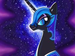 Size: 681x503 | Tagged: safe, artist:aurora-chiaro, derpibooru import, nightmare moon, alicorn, pony, black coat, bust, female, gradient background, horn, mare, nightmare eyes, solo