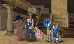 Size: 2678x1611 | Tagged: dead source, safe, artist:darrianmh, derpibooru import, oc, oc only, oc:calamity, oc:homage, oc:littlepip, oc:velvet remedy, pegasus, pony, unicorn, fallout equestria, 31, battle saddle, blushing, clothes, cowboy hat, cutie mark, dashite, fanfic, fanfic art, female, gun, hat, hooves, horn, male, mare, open mouth, pipbuck, rifle, saddle bag, smiling, spread wings, stallion, text, vault suit, velamity, weapon, wings