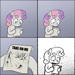 Size: 1000x1000 | Tagged: safe, sweetie belle, pony, unicorn, a-ha, bipedal, exploitable meme, female, filly, gradient background, hoof hold, horn, letter, meme, paper, solo, sweetie's note meme, take on me, two toned hair, white coat