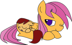 Size: 600x375 | Tagged: safe, artist:youwillneverkno, derpibooru import, scootaloo, oc, oc:lightning blitz, pegasus, pony, baby, baby pony, colt, female, male, mother and child, mother and son, motherly scootaloo, nap, offspring, one eye closed, parent and child, parent:rain catcher, parent:scootaloo, parents:catcherloo, simple background, sleeping, transparent background