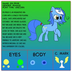 Size: 1024x1024 | Tagged: safe, artist:rokon2, derpibooru import, oc, oc only, oc:en prise, pony, unicorn, bio, hairband, reference sheet, solo, text