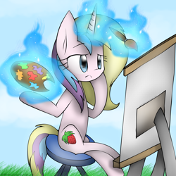 Size: 2300x2300 | Tagged: safe, artist:meotashie, derpibooru import, holly dash, pony, unicorn, magic, paint, paintbrush, painting, plein air, solo, telekinesis