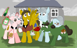 Size: 870x544 | Tagged: safe, artist:bibliodragon, derpibooru import, alcohol, drink, father dougal, father jack, father ted, mrs. doyle, ponified, tea, teacup, teapot, toilet duck, wine, wine bottle