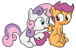 Size: 1280x861 | Tagged: safe, artist:newlunaticrepublic, scootaloo, sweetie belle, blushing, preening, scootabelle, shipping