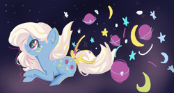 Size: 1280x685 | Tagged: safe, artist:berryden, derpibooru import, night glider (g1), g1, g1 to g4, generation leap, moon, planet, solo, stars, surreal, the cosmos