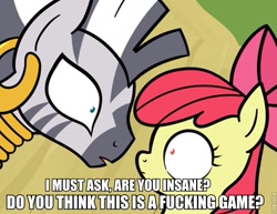 Size: 655x505 | Tagged: safe, artist:mrbastoff, edit, apple bloom, zecora, zebra, image macro, vulgar, you think this is a motherfucking game