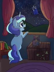 Size: 768x1024 | Tagged: safe, artist:berryden, derpibooru import, minuette, crossover, doctor who, goodnight, solo, tardis, window