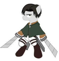 Size: 1600x1660 | Tagged: safe, artist:krust78, derpibooru import, semi-anthro, 3d maneuver gear, attack on titan, levi ackerman, lidded eyes, ponified, ravioli, rivaille, simple background, solo, sword, transparent background, weapon